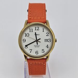 Timex Men's Watch 35MM White Dial Date New Orange Canvas Bands New Battery